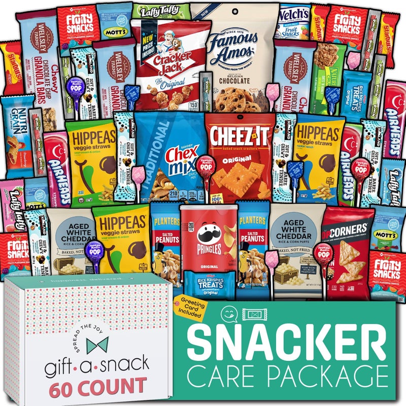 Nut Cravings Gift A Snack - Halloween Trick or Treats Snack Box Variety Pack Care Package + Greeting Card (60 Count) Birthday Sweet Treats Gift Basket, Candies Chips Crackers Bars, Office Food Assortments - Image 1